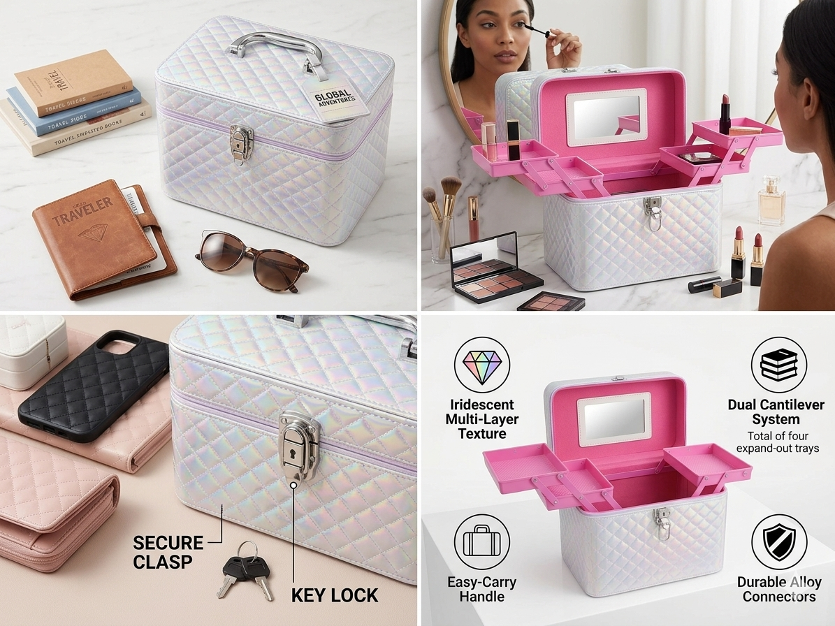 Premium Cosmetic Train Case with Mirror | Lockable Makeup Storage Organizer Box with Expandable Trays | Travel Makeup Vanity Case for Women