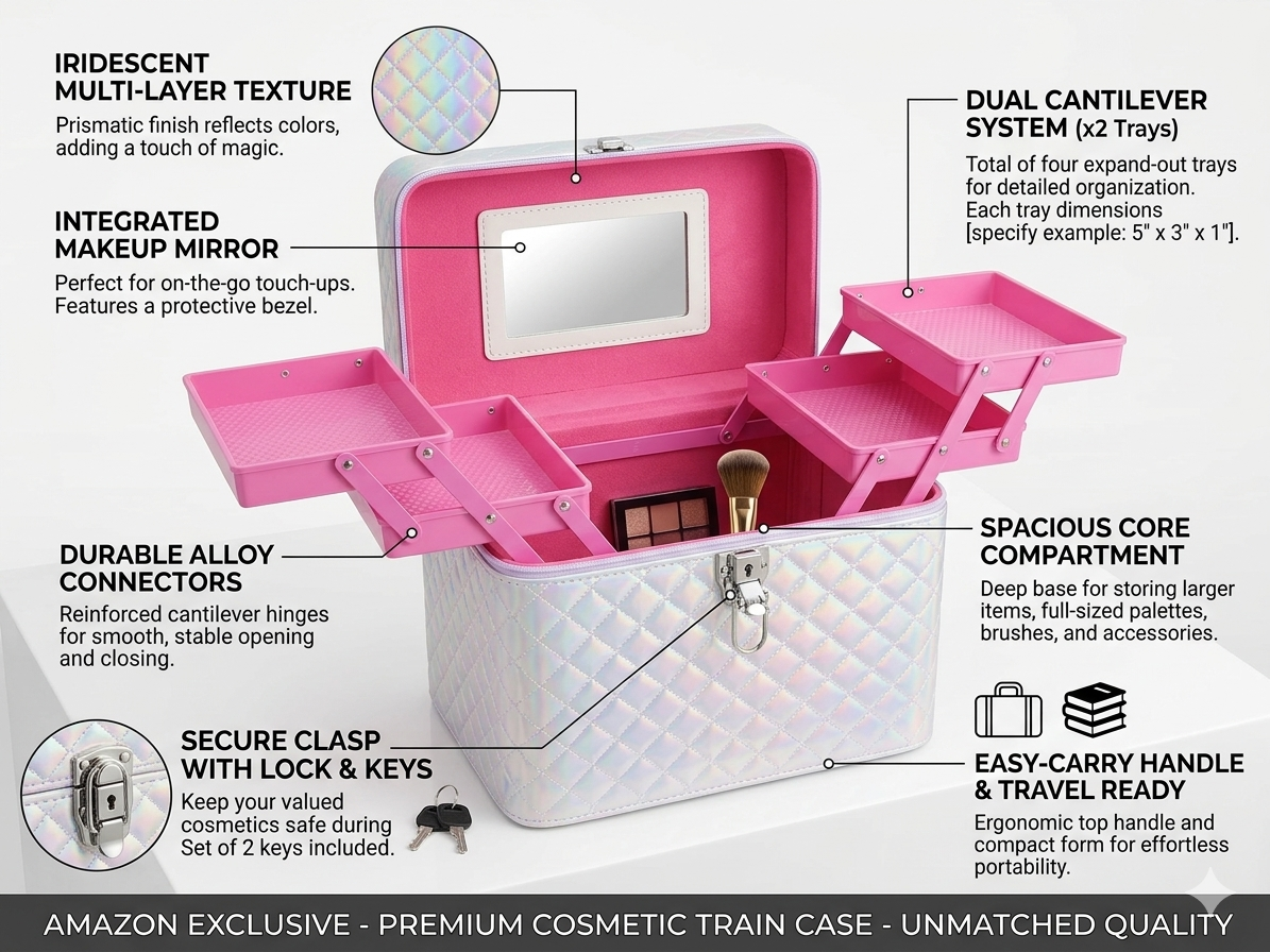 Premium Cosmetic Train Case with Mirror | Lockable Makeup Storage Organizer Box with Expandable Trays | Travel Makeup Vanity Case for Women