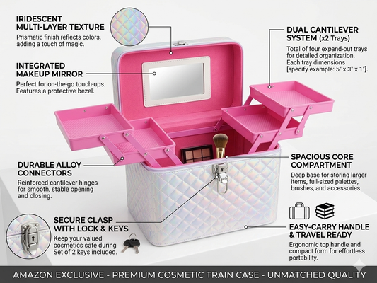 Premium Cosmetic Train Case with Mirror | Lockable Makeup Storage Organizer Box with Expandable Trays | Travel Makeup Vanity Case for Women