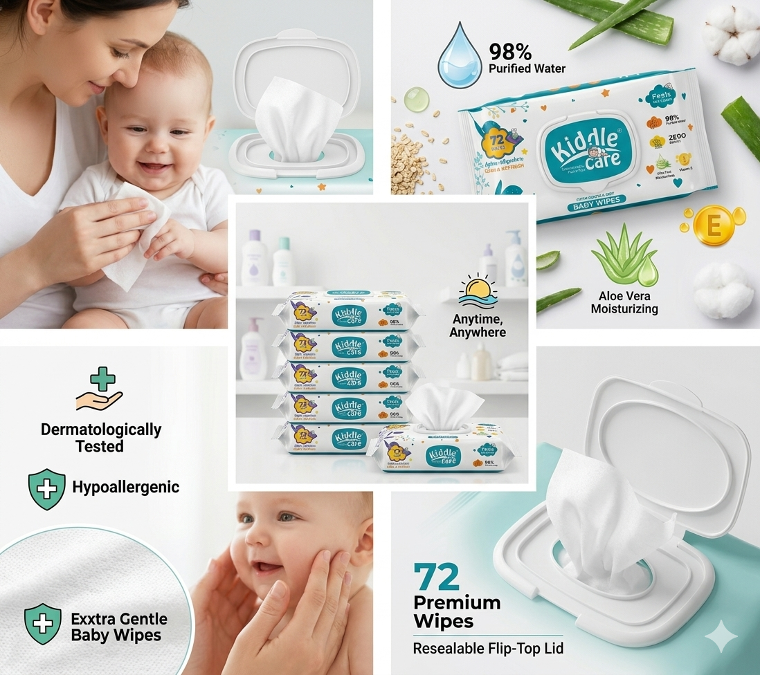 Kiddle Care Extra Gentle Baby Wipes | 72 Count Alcohol Free Hypoallergenic Wet Wipes with Aloe Vera & Vitamin E | Soft Baby Cleaning Wipes