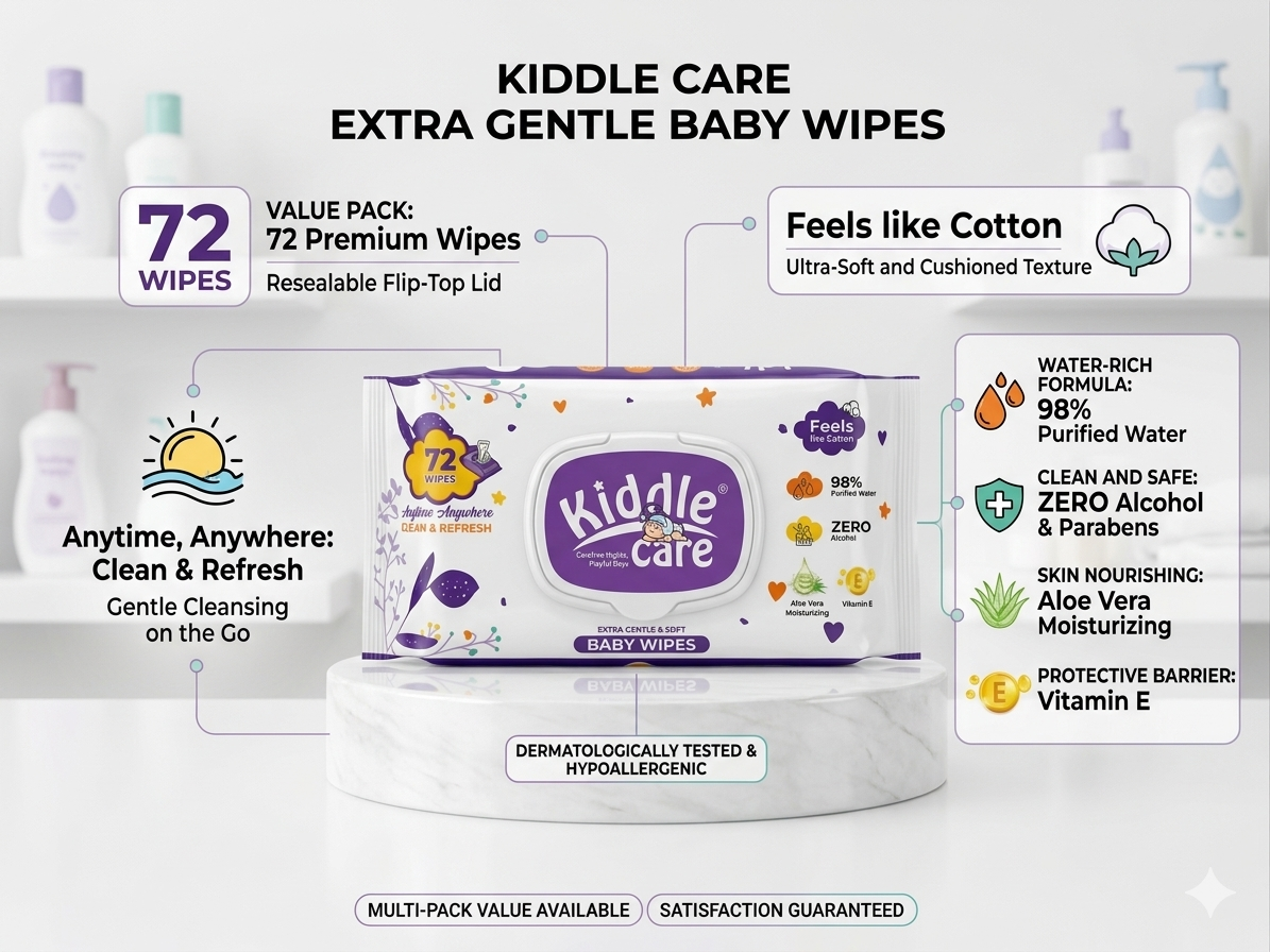 Kiddle Care Extra Gentle Baby Wipes | 72 Count Alcohol Free Hypoallergenic Wet Wipes with Aloe Vera & Vitamin E | Soft Baby Cleaning Wipes