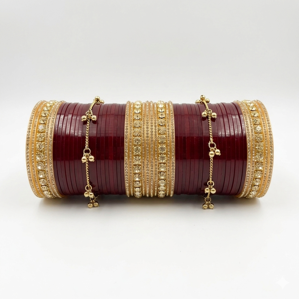 Traditional Bridal Chura Bangles Set for Women | Red Gold Plated Kundan Wedding Bangles with Ghungroo Dangles | Punjabi Bridal Jewelry Set