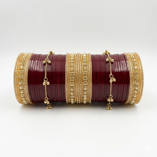 Traditional Bridal Chura Bangles Set for Women | Red Gold Plated Kundan Wedding Bangles with Ghungroo Dangles | Punjabi Bridal Jewelry Set