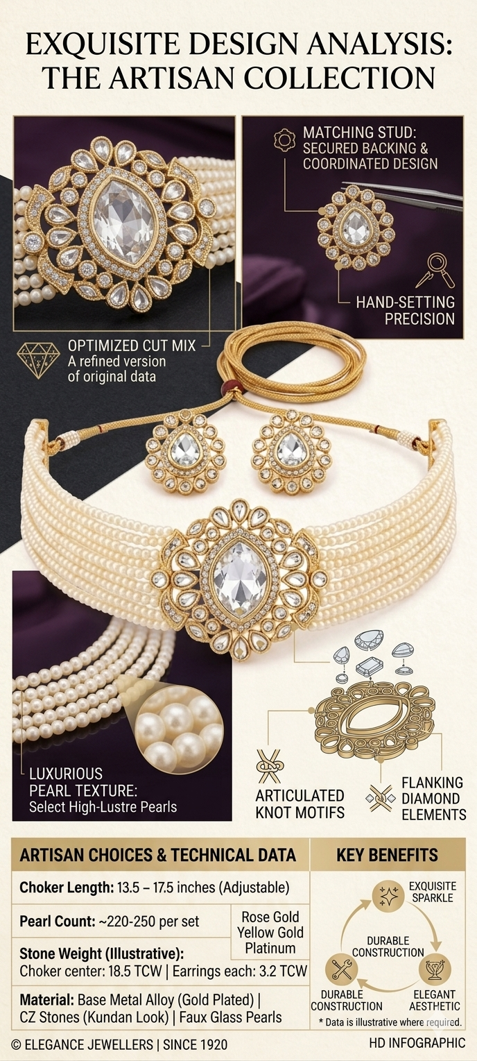 Pearl Choker Necklace Set for Women | Gold Plated CZ Kundan Style Bridal Jewelry with Matching Earrings | Multi Strand Wedding Choker
