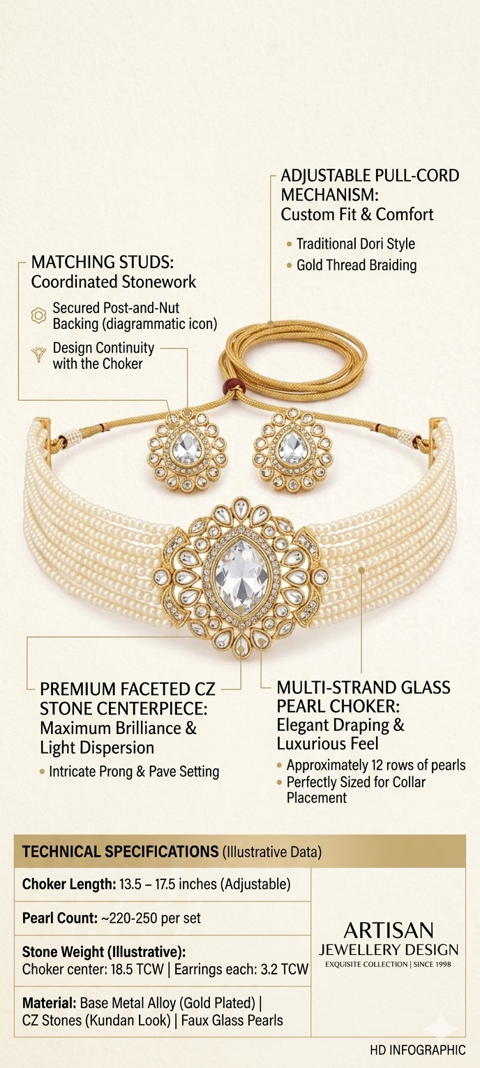 Pearl Choker Necklace Set for Women | Gold Plated CZ Kundan Style Bridal Jewelry with Matching Earrings | Multi Strand Wedding Choker