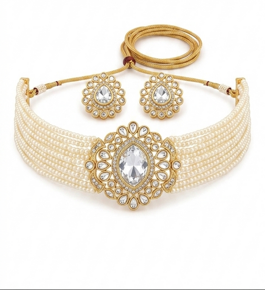 Pearl Choker Necklace Set for Women | Gold Plated CZ Kundan Style Bridal Jewelry with Matching Earrings | Multi Strand Wedding Choker