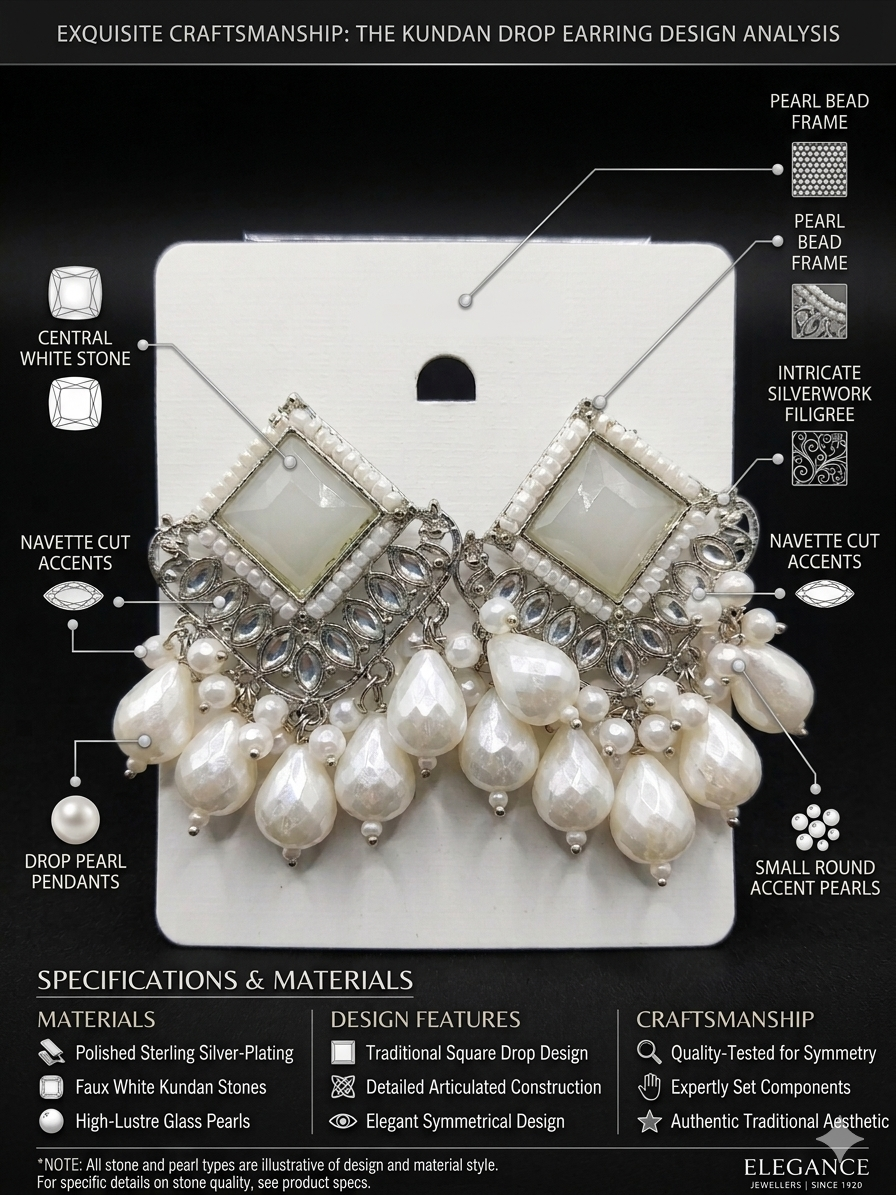 Silver Plated Kundan Pearl Drop Earrings for Women | White Stone Ethnic Statement Earrings | Traditional Party & Wedding Jewelry