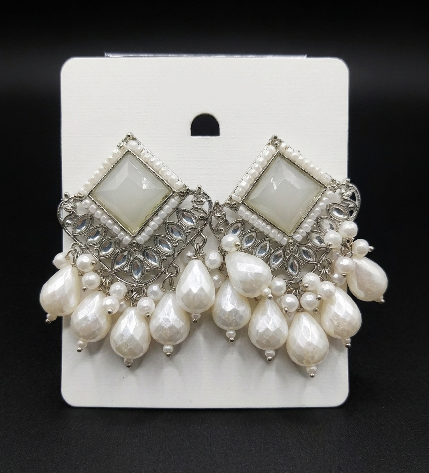 Silver Plated Kundan Pearl Drop Earrings for Women | White Stone Ethnic Statement Earrings | Traditional Party & Wedding Jewelry