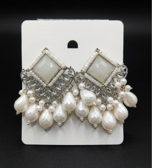 Silver Plated Kundan Pearl Drop Earrings for Women | White Stone Ethnic Statement Earrings | Traditional Party & Wedding Jewelry