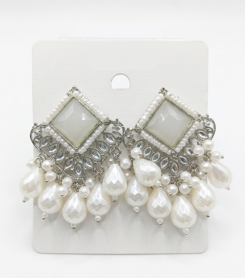 Silver Plated Kundan Pearl Drop Earrings for Women | White Stone Ethnic Statement Earrings | Traditional Party & Wedding Jewelry