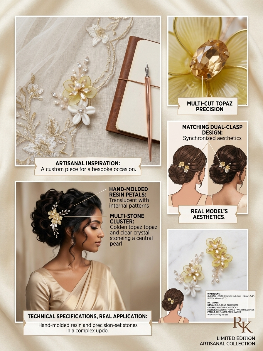 RK-212 Floral Hair Accessory Set for Women | Crystal Pearl Bridal Hair Pins | Gold Tone Botanical Hair Clips for Wedding Bun & Party Hairstyles