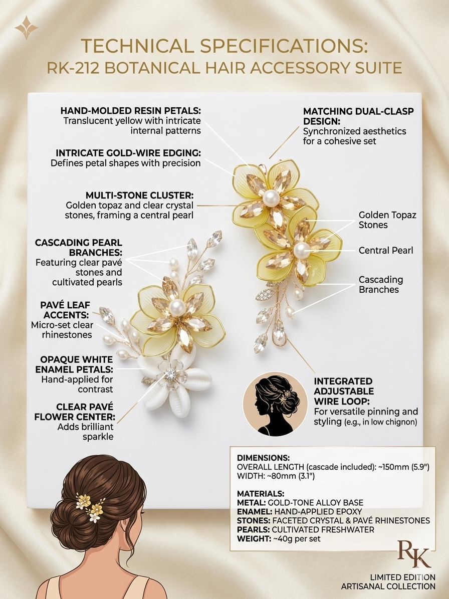 RK-212 Floral Hair Accessory Set for Women | Crystal Pearl Bridal Hair Pins | Gold Tone Botanical Hair Clips for Wedding Bun & Party Hairstyles