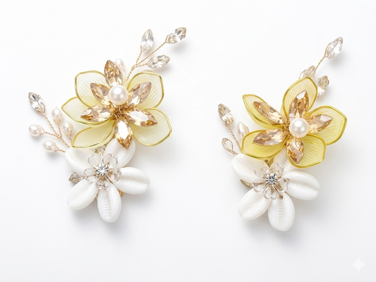 RK-212 Floral Hair Accessory Set for Women | Crystal Pearl Bridal Hair Pins | Gold Tone Botanical Hair Clips for Wedding Bun & Party Hairstyles