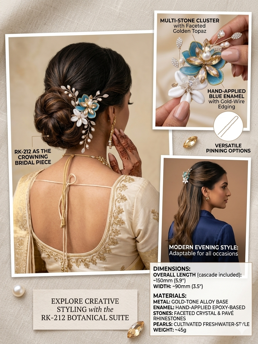 RK-212 Floral Hair Accessory for Women | Enamel Crystal Pearl Hair Pin Clip | Bridal Wedding Floral Hair Jewelry for Bun & Party Hairstyles