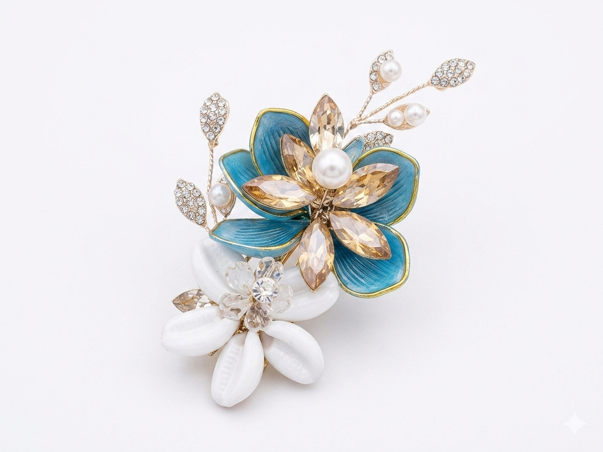 RK-212 Floral Hair Accessory for Women | Enamel Crystal Pearl Hair Pin Clip | Bridal Wedding Floral Hair Jewelry for Bun & Party Hairstyles
