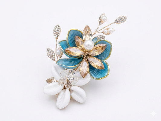 RK-212 Floral Hair Accessory for Women | Enamel Crystal Pearl Hair Pin Clip | Bridal Wedding Floral Hair Jewelry for Bun & Party Hairstyles