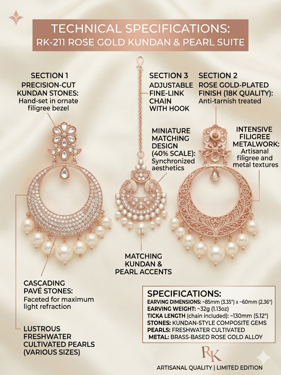 RK-211 Rose Gold Kundan Earrings with Maang Tikka Set for Women | Pearl Chandbali Earrings | Bridal Wedding Jewelry Set for Party & Festive Wear