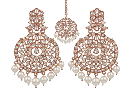 RK-211 Rose Gold Kundan Earrings with Maang Tikka Set for Women | Pearl Chandbali Earrings | Bridal Wedding Jewelry Set for Party & Festive Wear