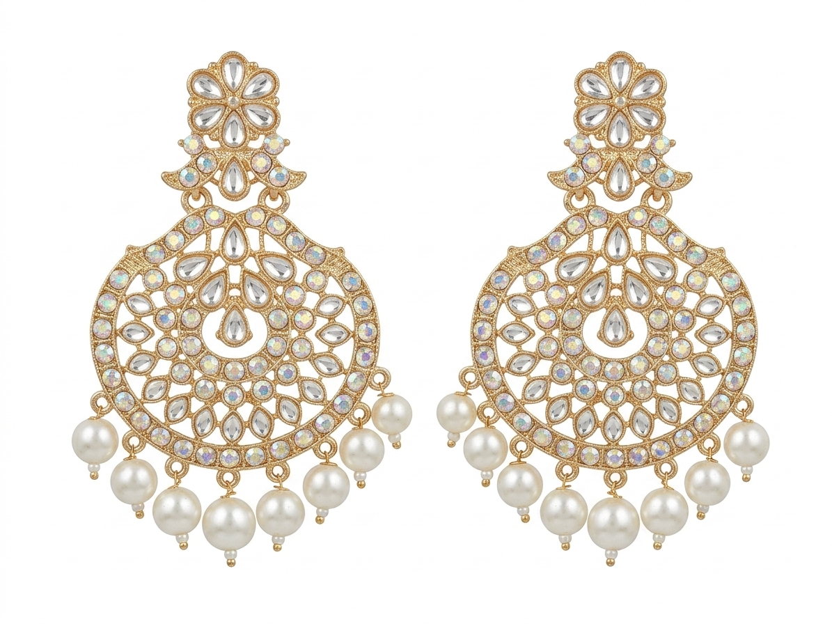 RK-211 Rose Gold Kundan Earrings with Maang Tikka Set for Women | Pearl Chandbali Earrings | Bridal Wedding Jewelry Set for Party & Festive Wear