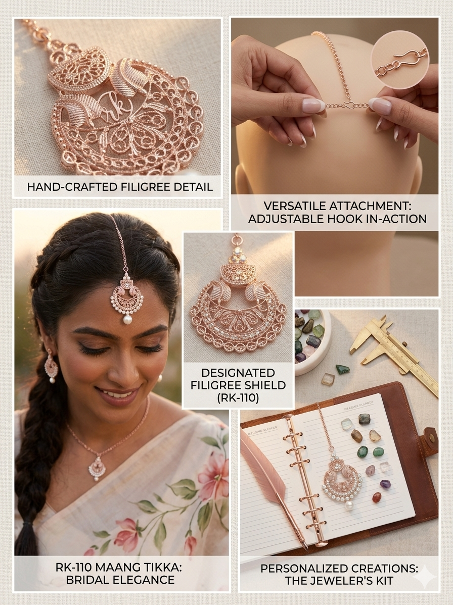 RK-110 Rose Gold Maang Tikka for Women | Kundan Style Pearl Matha Patti Jewelry | Bridal Forehead Accessory for Wedding & Festive Wear