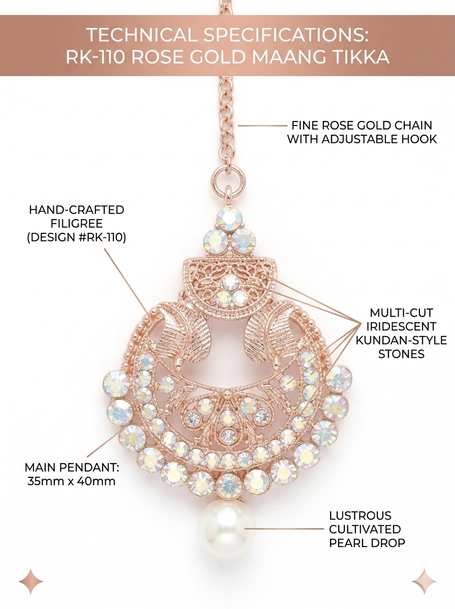 RK-110 Rose Gold Maang Tikka for Women | Kundan Style Pearl Matha Patti Jewelry | Bridal Forehead Accessory for Wedding & Festive Wear