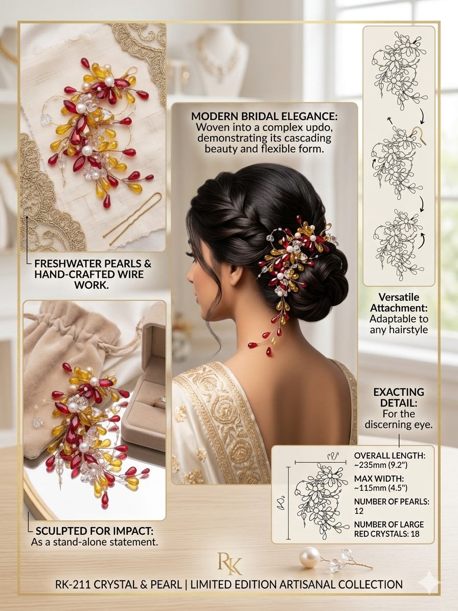 RK-211 Crystal & Pearl Bridal Hair Accessory for Women | Red & Gold Floral Hair Vine Clip | Wedding Bun Hair Jewelry for Brides & Party Wear