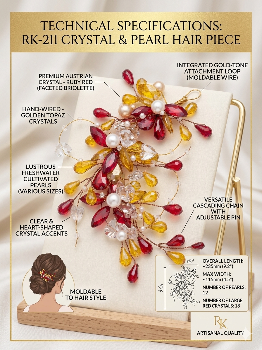 RK-211 Crystal & Pearl Bridal Hair Accessory for Women | Red & Gold Floral Hair Vine Clip | Wedding Bun Hair Jewelry for Brides & Party Wear