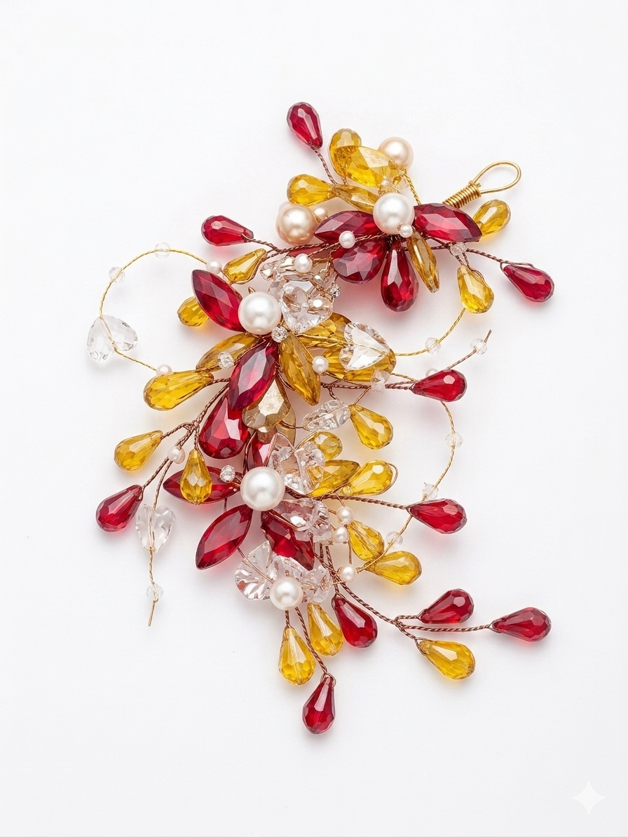 RK-211 Crystal & Pearl Bridal Hair Accessory for Women | Red & Gold Floral Hair Vine Clip | Wedding Bun Hair Jewelry for Brides & Party Wear