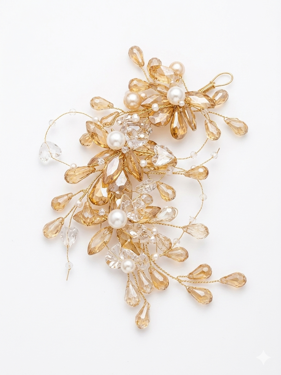 RK-211 Crystal & Pearl Bridal Hair Accessory for Women | Red & Gold Floral Hair Vine Clip | Wedding Bun Hair Jewelry for Brides & Party Wear