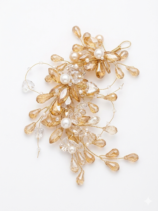 RK-211 Crystal & Pearl Bridal Hair Accessory for Women | Red & Gold Floral Hair Vine Clip | Wedding Bun Hair Jewelry for Brides & Party Wear