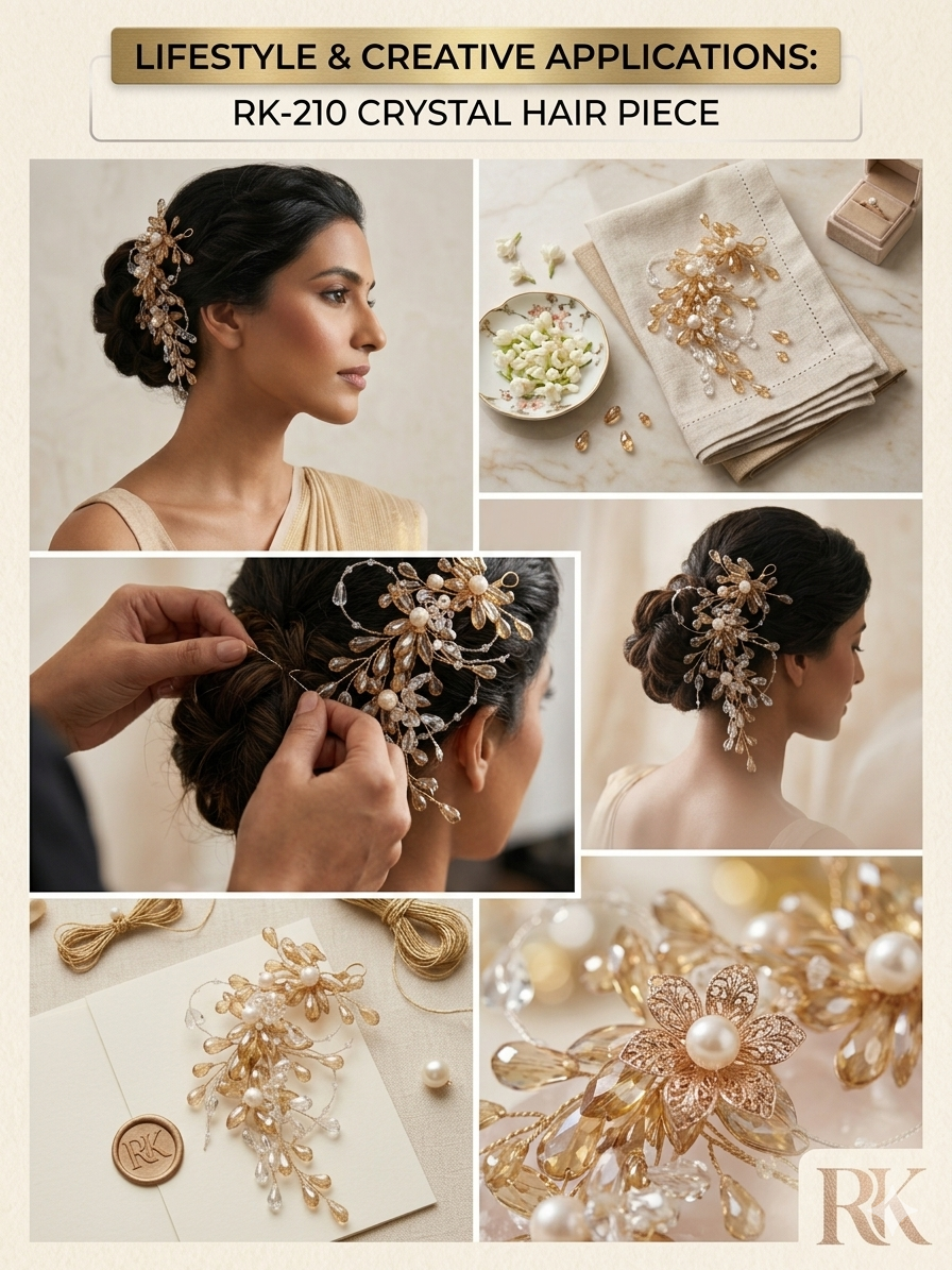 RK-211 Crystal & Pearl Bridal Hair Accessory for Women | Red & Gold Floral Hair Vine Clip | Wedding Bun Hair Jewelry for Brides & Party Wear