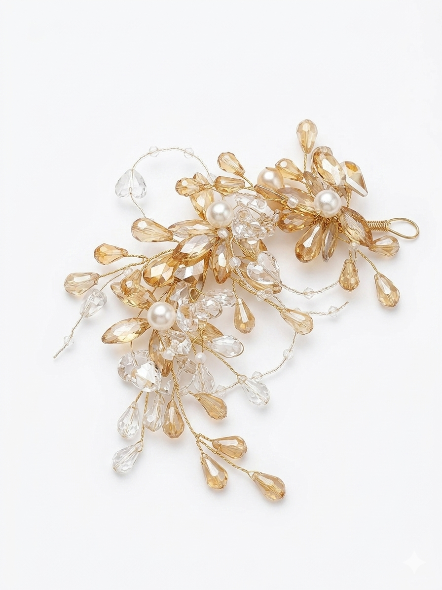 RK-211 Crystal & Pearl Bridal Hair Accessory for Women | Red & Gold Floral Hair Vine Clip | Wedding Bun Hair Jewelry for Brides & Party Wear