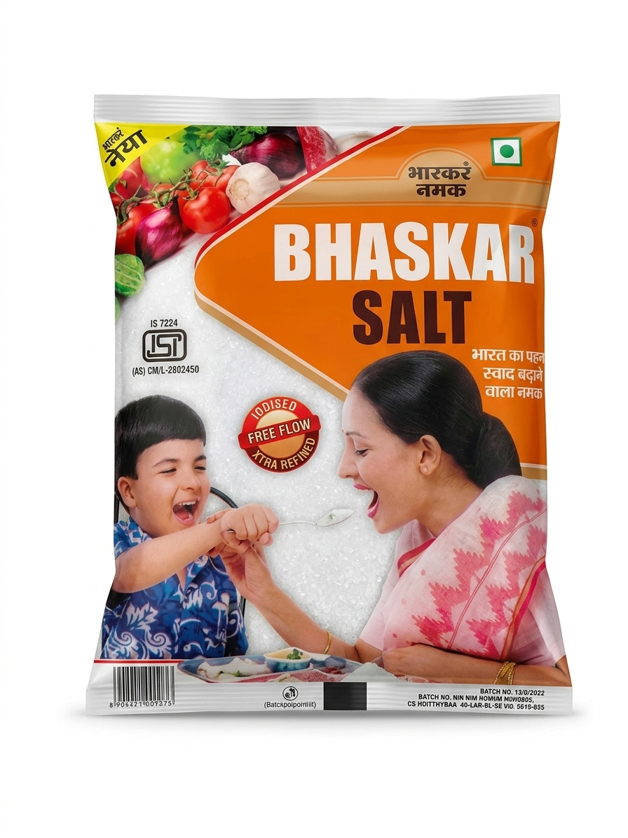 Bhaskar Iodised Salt 1kg | Extra Refined Free Flow Salt | ISI Certified | Enriched with Iodine | Pure Edible Salt | 100% Vegetarian