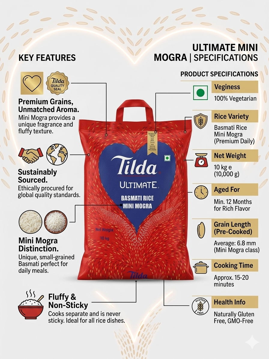 Tilda Ultimate Mini Mogra Basmati Rice 10kg | Premium Daily Rice | Naturally Aromatic & Fluffy | Aged for Rich Flavor | 100% Vegetarian | Non-Sticky Long Grain Rice