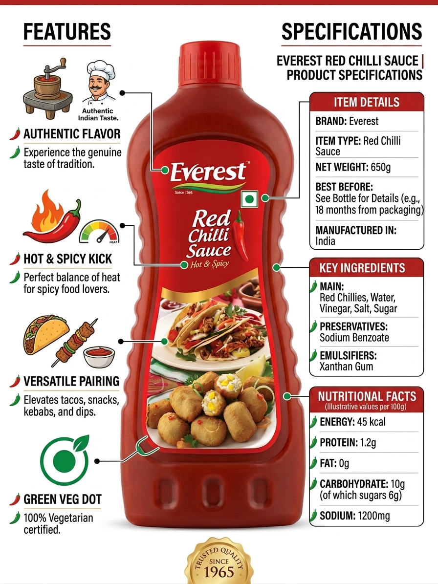 Everest Red Chilli Sauce 650g | Hot & Spicy Red Chili Sauce | Tangy & Flavorful Condiment | Perfect for Snacks, Momos, Noodles & Stir-Fry | 100% Vegetarian