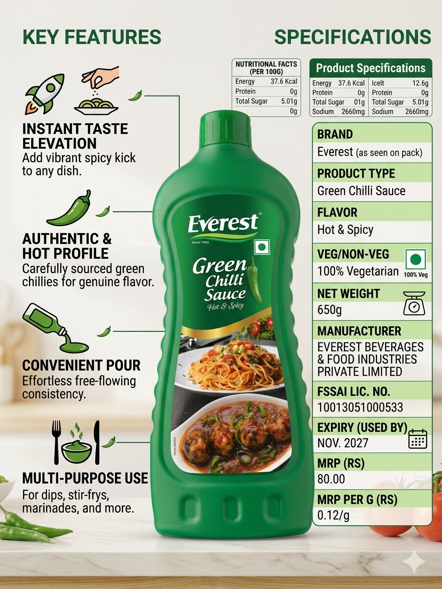 Everest Green Chilli Sauce 650g | Hot & Spicy Green Chili Sauce | Perfect for Snacks, Noodles & Stir-Fries | Multi-Purpose Dipping & Cooking Sauce | 100% Vegetarian