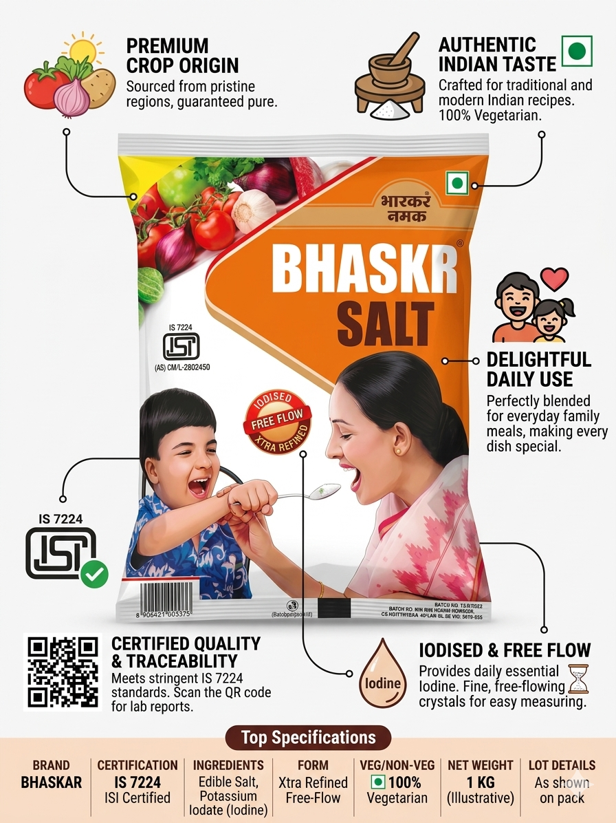 Bhaskar Iodised Salt 1kg | Extra Refined Free Flow Salt | ISI Certified | Enriched with Iodine | Pure Edible Salt | 100% Vegetarian
