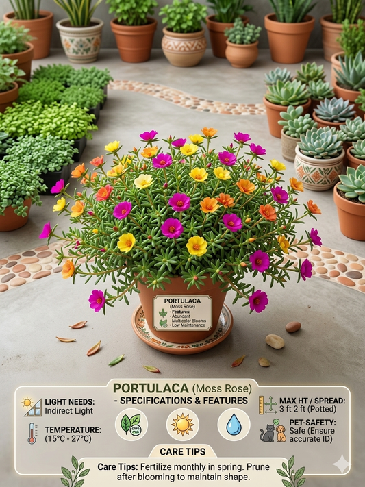 Portulaca Moss Rose Live Plant in Decorative Pot – Multicolor Blooming Succulent, Drought-Tolerant Flowering Plant for Indoor & Outdoor Home Garden Décor
