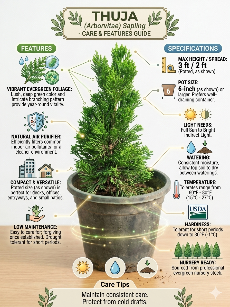 Thuja Arborvitae Live Plant Sapling – Evergreen Ornamental Tree for Indoor & Outdoor Gardening, Low Maintenance Air Purifying Plant in Nursery Pot