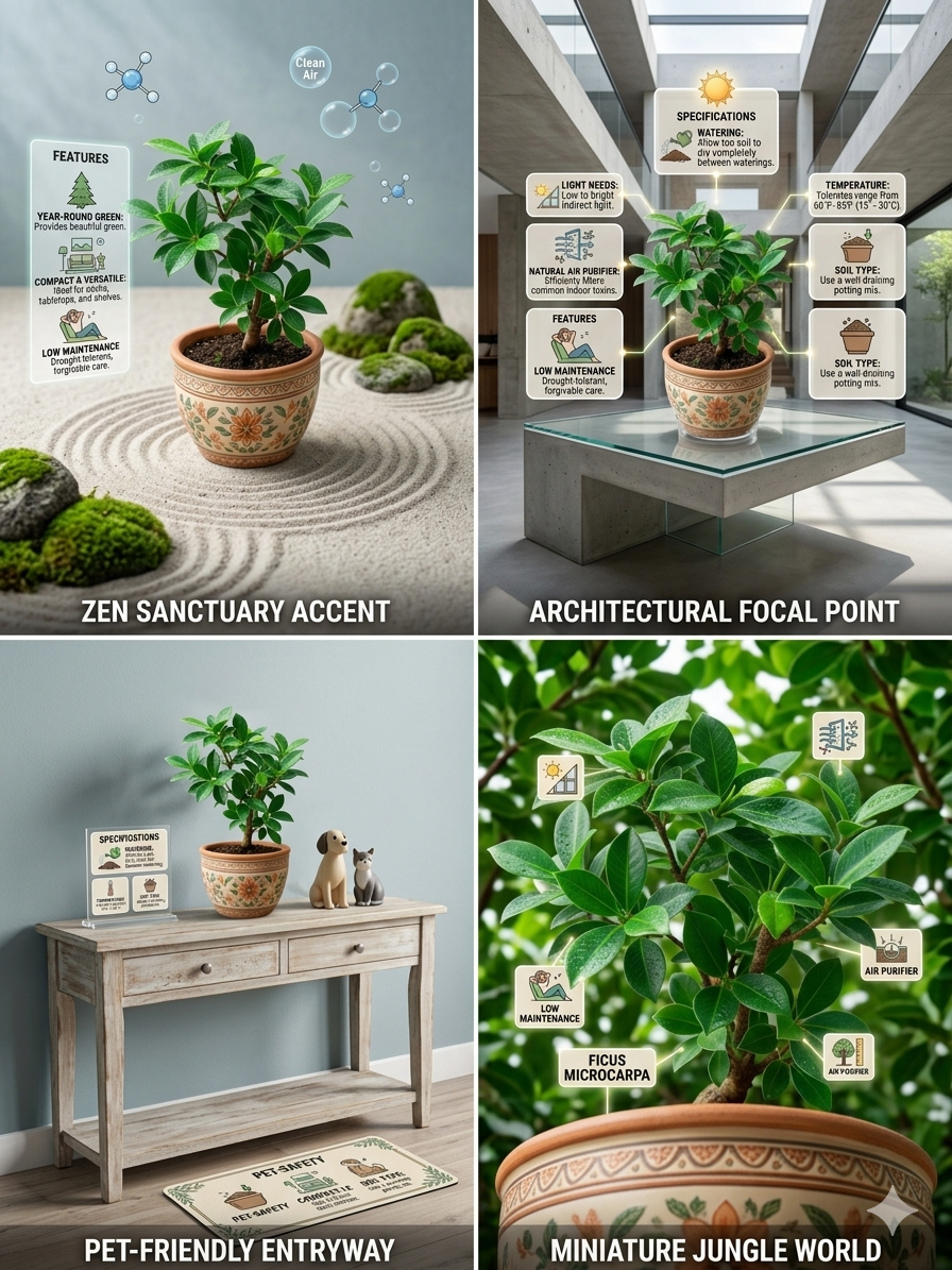 Ficus Microcarpa Live Plant – Evergreen Indoor Air Purifying Plant, Low Maintenance Ornamental Houseplant for Home, Office & Tabletop Décor
