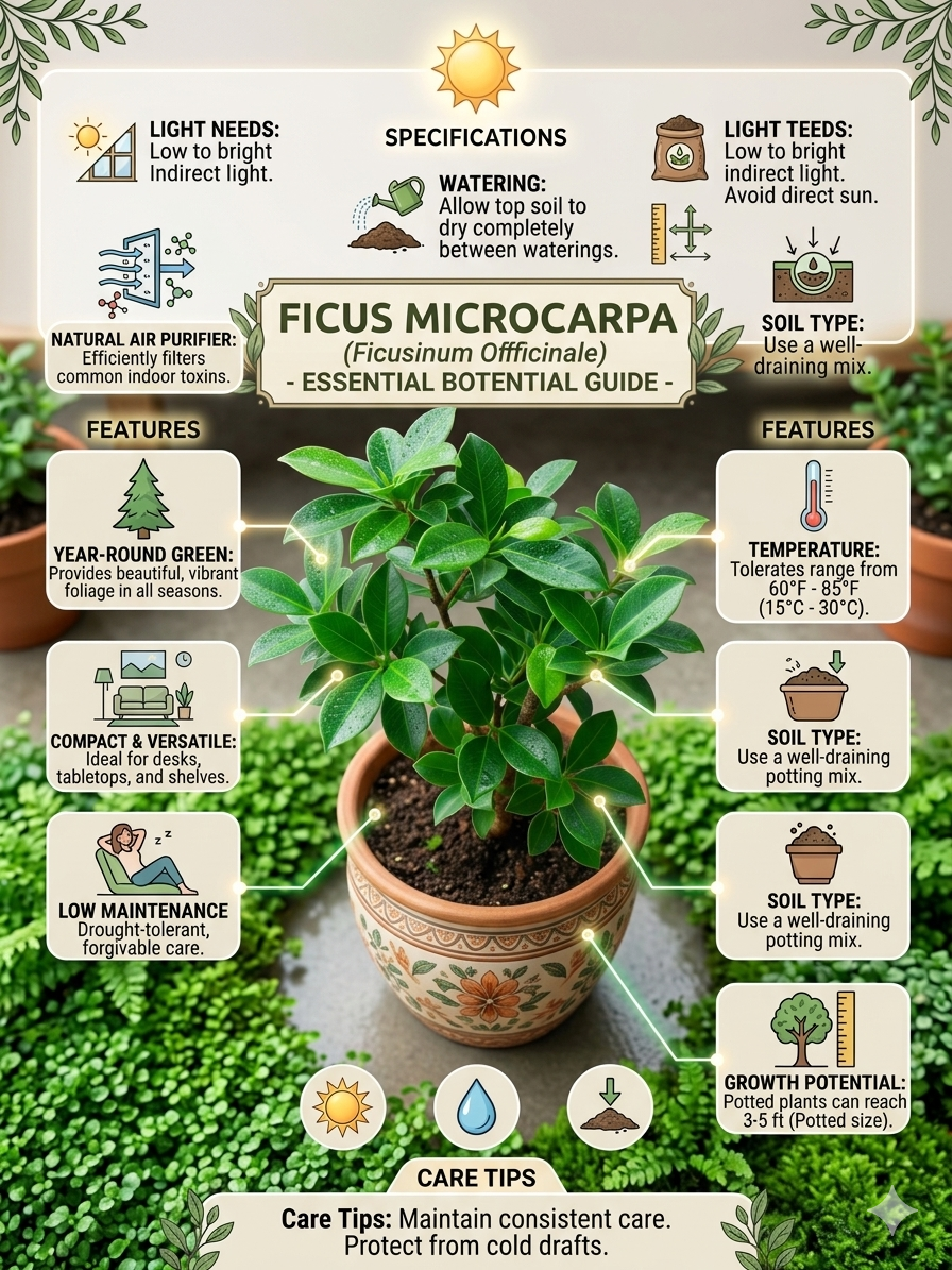 Ficus Microcarpa Live Plant – Evergreen Indoor Air Purifying Plant, Low Maintenance Ornamental Houseplant for Home, Office & Tabletop Décor