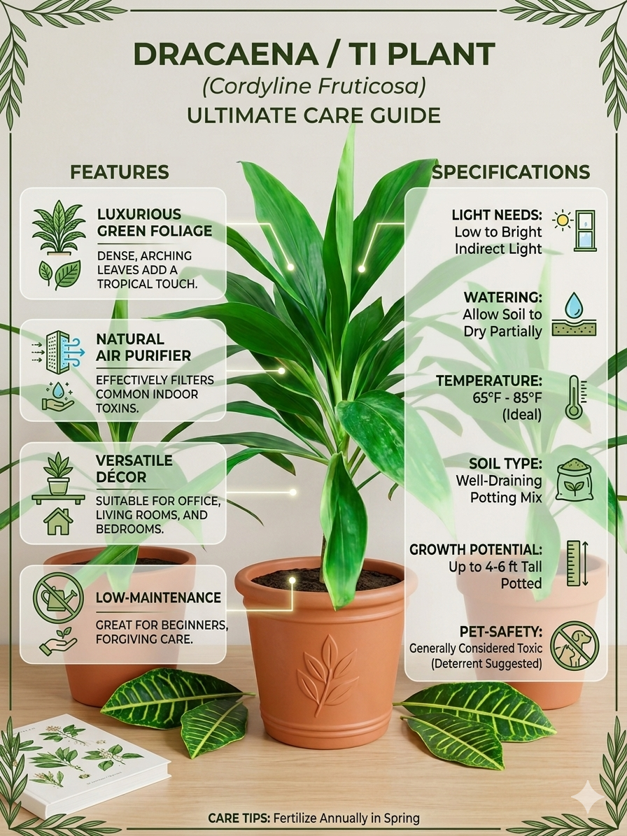 Dracaena Ti Plant (Cordyline fruticosa) Live Plant – Tropical Indoor Air Purifying Houseplant, Low Maintenance Evergreen Foliage Plant for Home & Office Déco