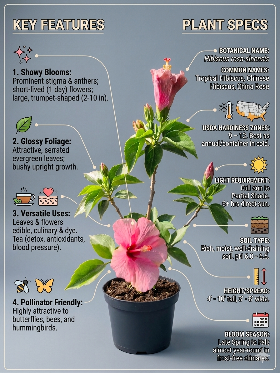 Hibiscus Live Plant (Hibiscus rosa-sinensis) – Tropical Flowering Shrub with Large Pink Blooms, Ornamental Outdoor Garden & Patio Plant