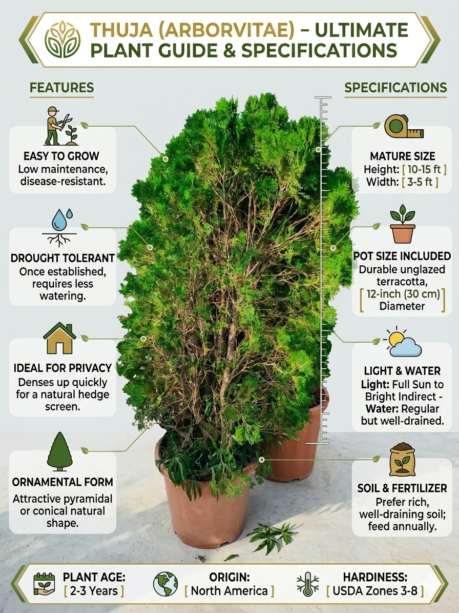 Thuja Arborvitae Live Plant | Evergreen Privacy Tree | Fast Growing Ornamental Conifer | Low Maintenance Outdoor Plant | 2-3 Year Old Nursery Plant in Pot