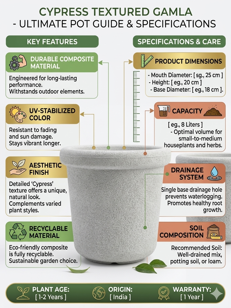 Cypress Textured Garden Pot for Indoor & Outdoor Plants | Decorative Planter with Drainage Hole | Durable Weather-Resistant Composite Pot | Ideal for Home, Balcony & Garden Plants
