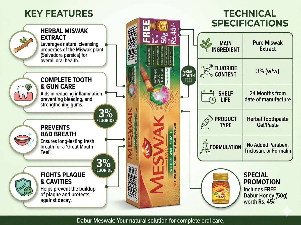 Dabur Meswak Herbal Toothpaste with Miswak Extract, Fluoride Toothpaste for Strong Teeth & Healthy Gums, Anti Plaque & Fresh Breath Toothpaste, Herbal Oral Care with Free Dabur Honey 50g