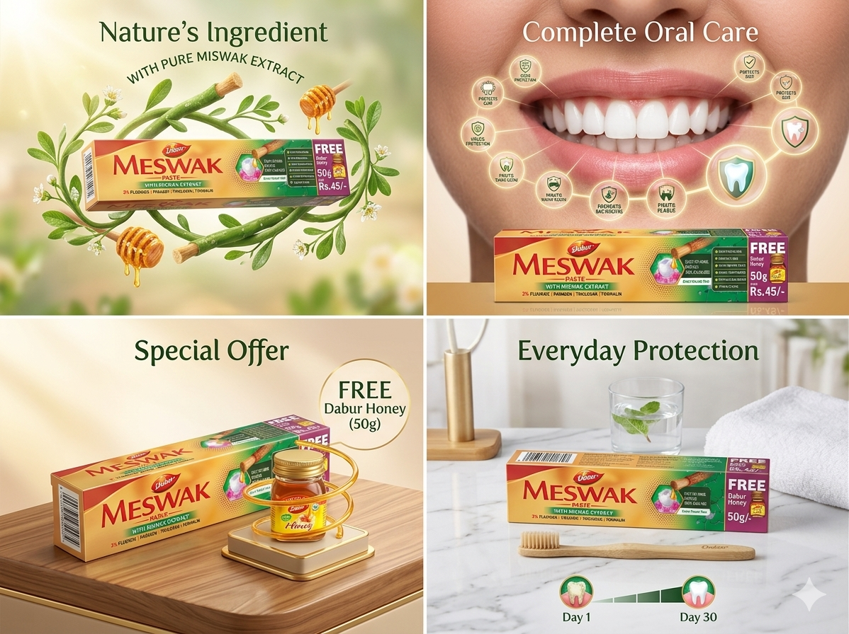 Dabur Meswak Herbal Toothpaste with Miswak Extract, Fluoride Toothpaste for Strong Teeth & Healthy Gums, Anti Plaque & Fresh Breath Toothpaste, Herbal Oral Care with Free Dabur Honey 50g
