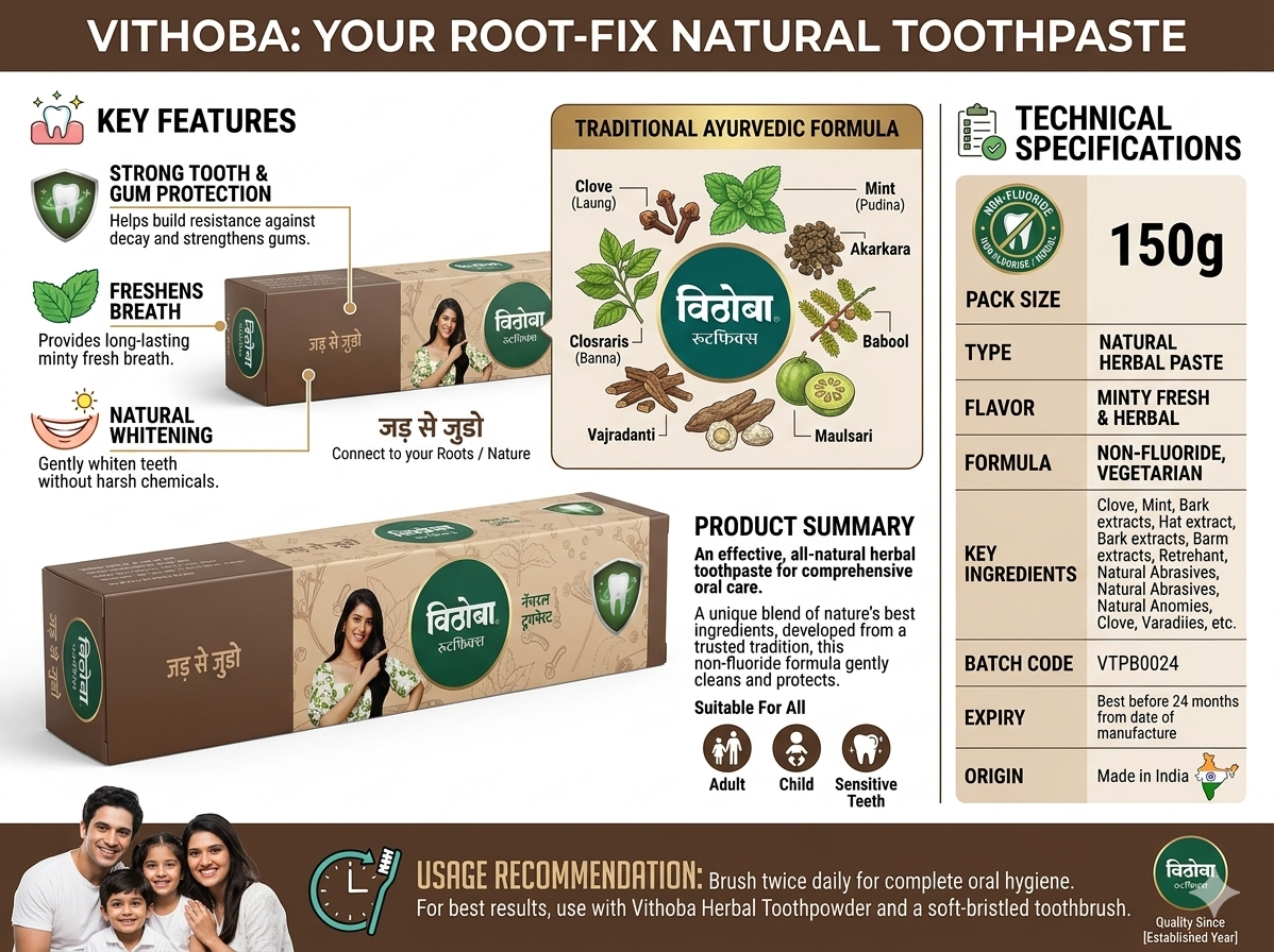 Vithoba Root-Fix Natural Herbal Toothpaste 150g, Ayurvedic Toothpaste for Strong Teeth & Healthy Gums, Non-Fluoride Mint Toothpaste with Clove, Babool & Pudina for Fresh Breath