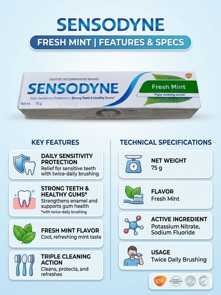Sensodyne Fresh Mint Toothpaste 75g, Daily Sensitivity Protection Toothpaste with Potassium Nitrate & Sodium Fluoride, Triple Cleaning Action, Fresh Mint Flavor for Strong Teeth & Healthy Gums