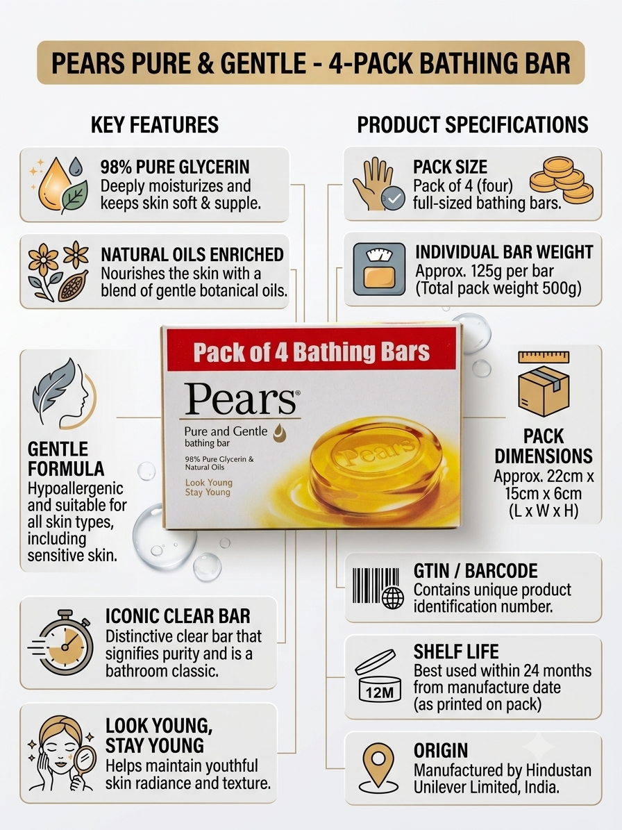 Pears Pure & Gentle Bathing Soap Bar, 98% Pure Glycerin, Moisturizing Soap for Soft & Healthy Skin, Suitable for Sensitive Skin, Natural Oils Enriched, Pack of 4 x 125g (500g Total)